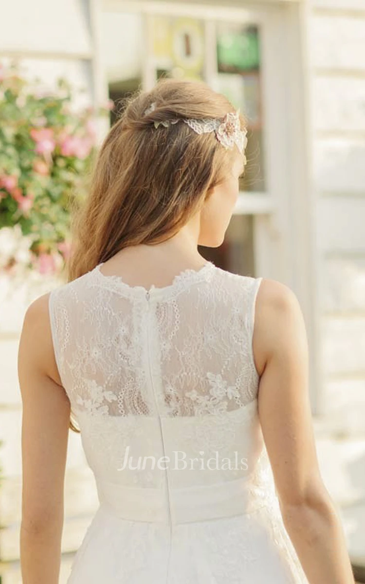 A-line Jewelry Neckline Illusion Sleeveless Knee-length Lace Wedding Dress