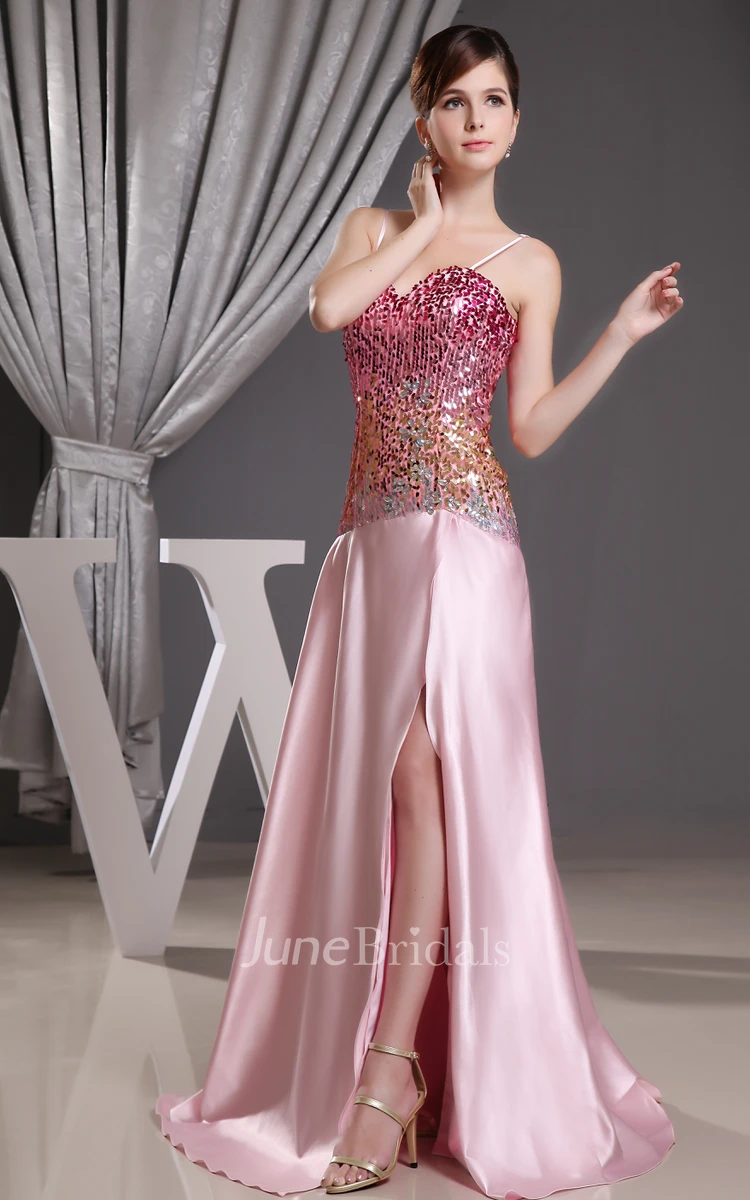 Satin Front-Split Sequined Dress With Spaghetti Straps