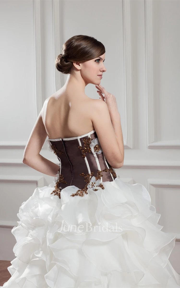 Strapless Appliqued Ball Gown with Flower and Cascading Ruffles