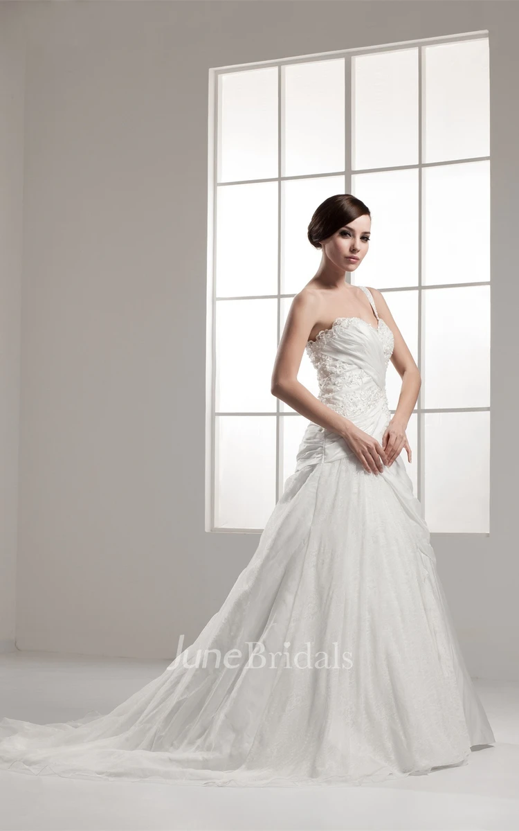 Sleeveless Lace A-Line Gown with Draping and Single Strap