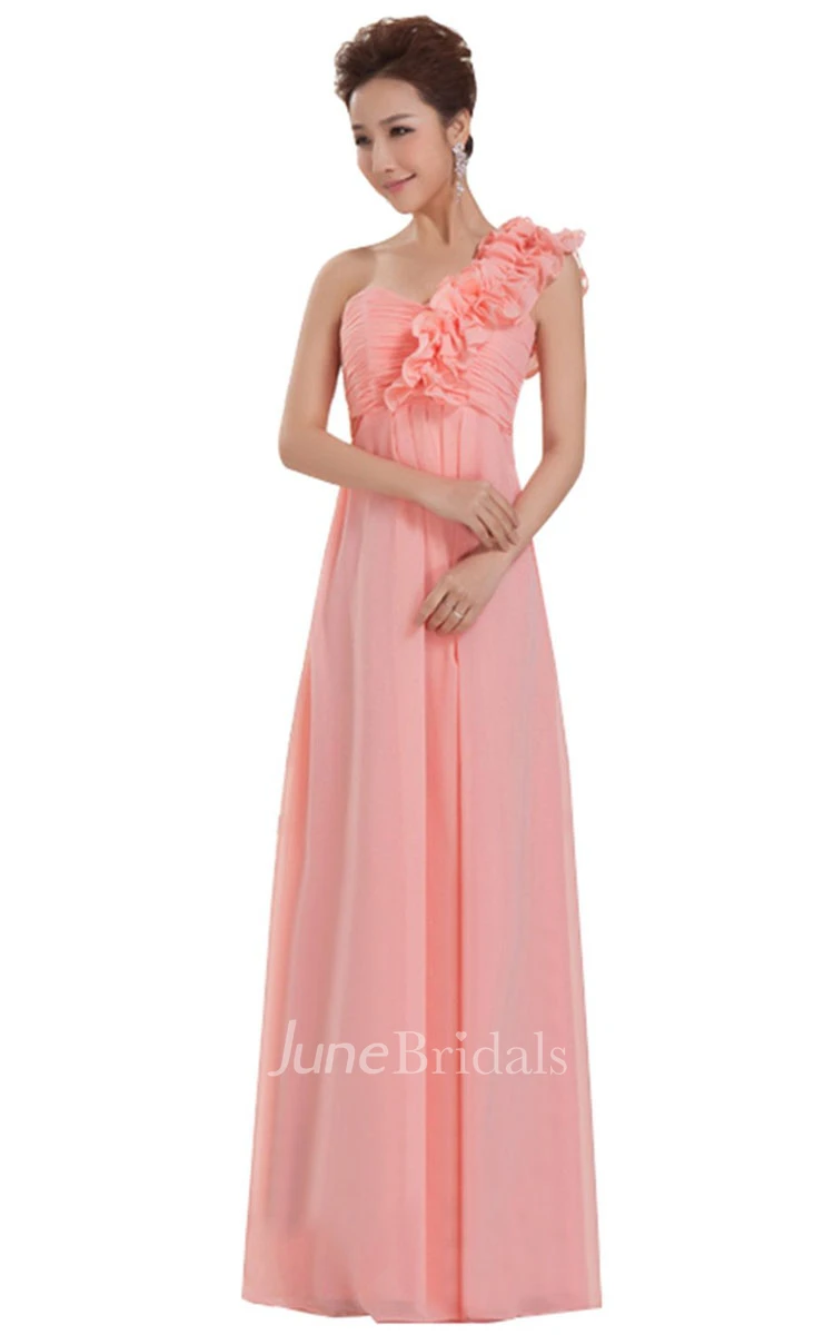 One-shoulder Long Chiffon Dress With Floral Strap
