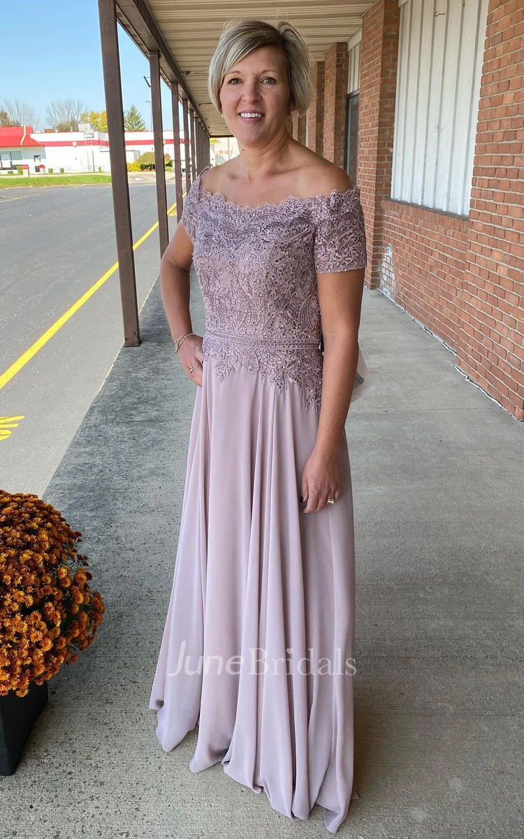 Sexy A-Line Off-the-shoulder Chiffon Formal Dress With Short Sleeve And Beading