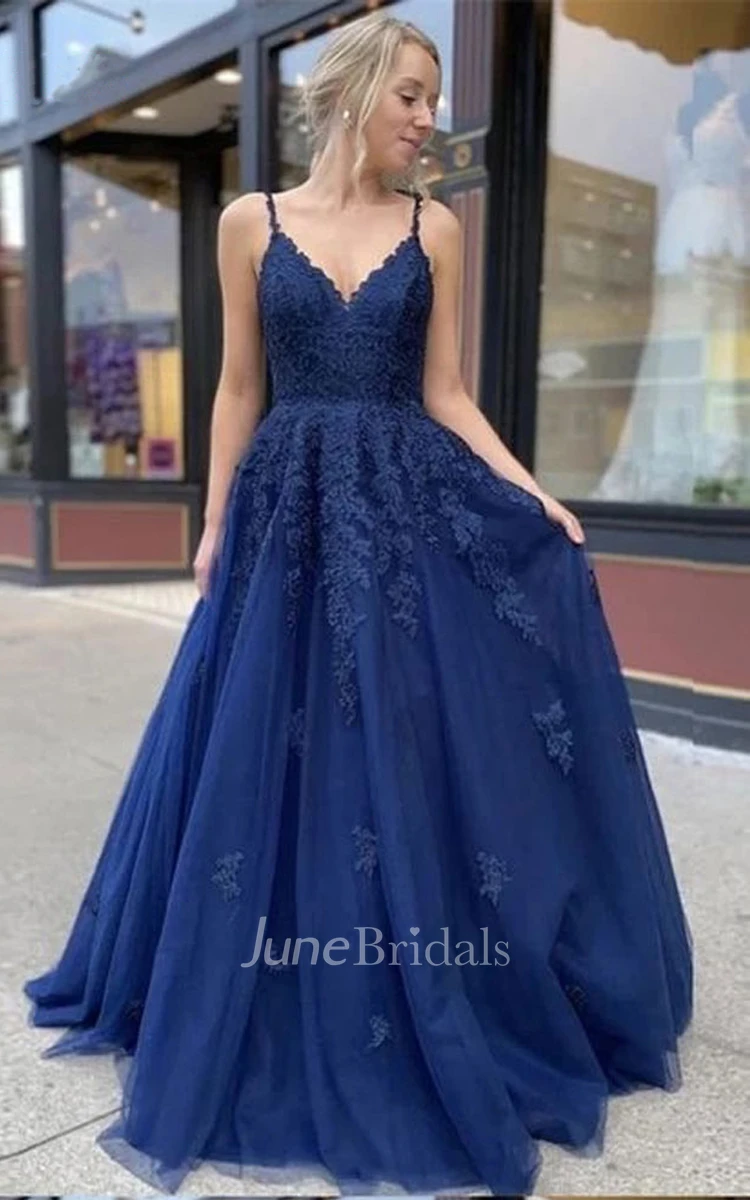 Simple A Line Tulle Spaghetti V-neck Sleeveless Prom Dress with Appliques and Ruffles
