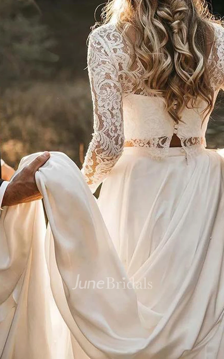 Country Boho Two Piece Satin Lace Bateau Long Sleeve Wedding Dress with Pleats