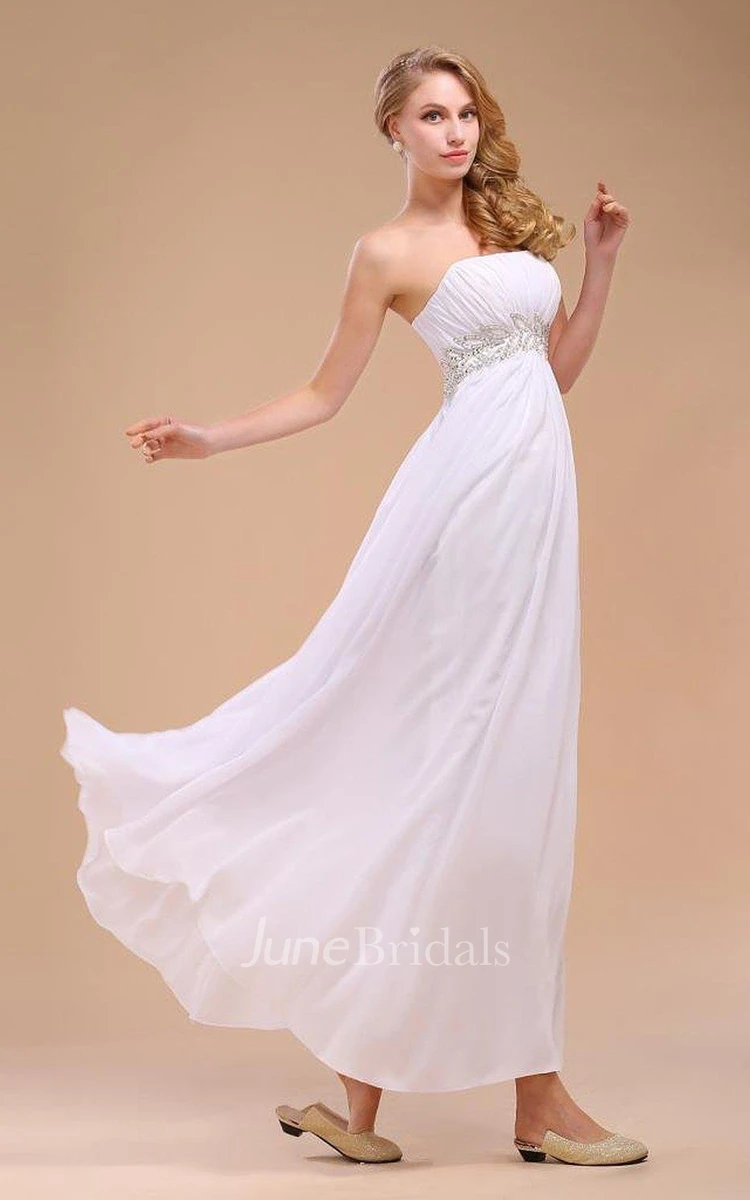 Strapless Chiffon Gown With Empire Waist and Appliques