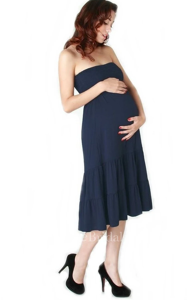 Strapless Midi-length Pleated Ruffled Satin Maternity Dress