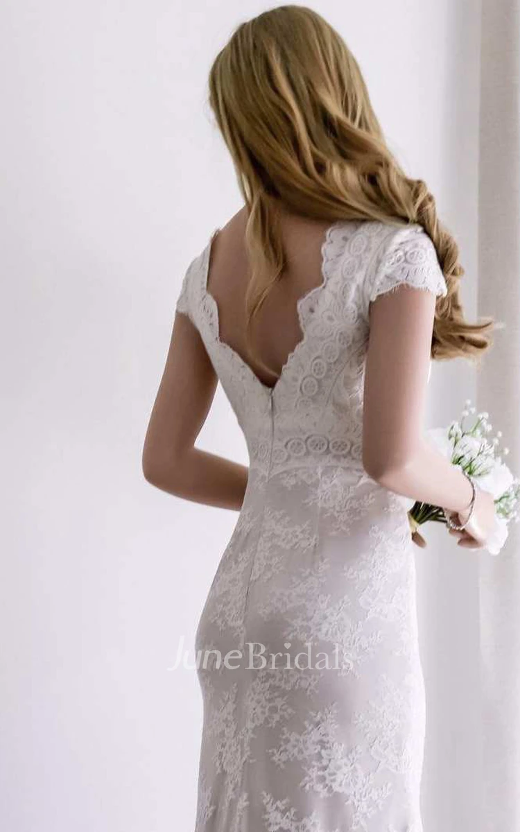 Cap Sleeve Satin Lace Split Wedding Dress