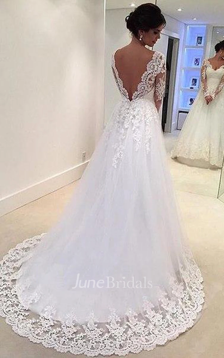 Newest Long Sleeve Tulle Lace Wedding Dress Court Train