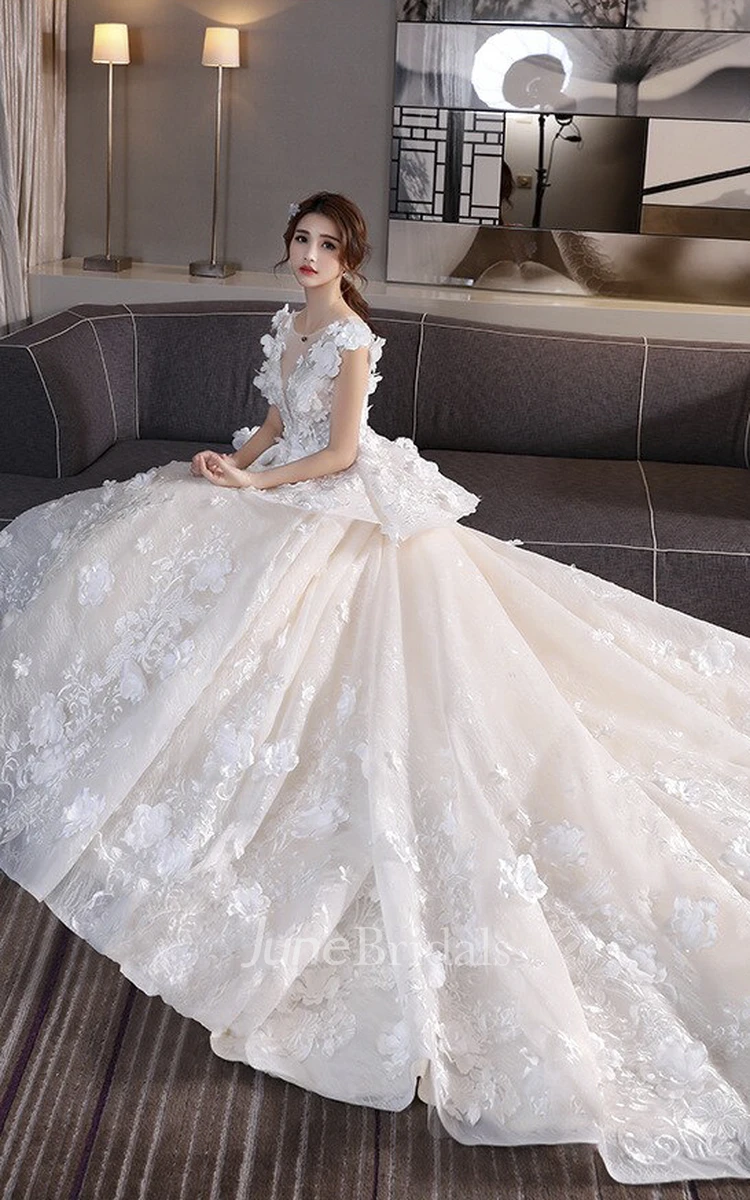 Princess 3D Floral Appliqued Cap Sleeve Lace Wedding Ball Gown With Peplum Skirt And Lace-up