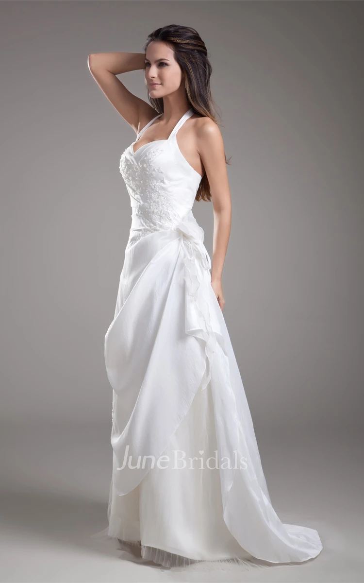Haltered A-Line Pick-Up Gown with Flower and Appliques