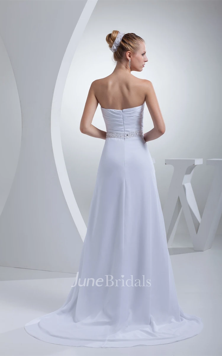 Strapless Chiffon Pleated Dress with Brush Train and Gemmed Waist