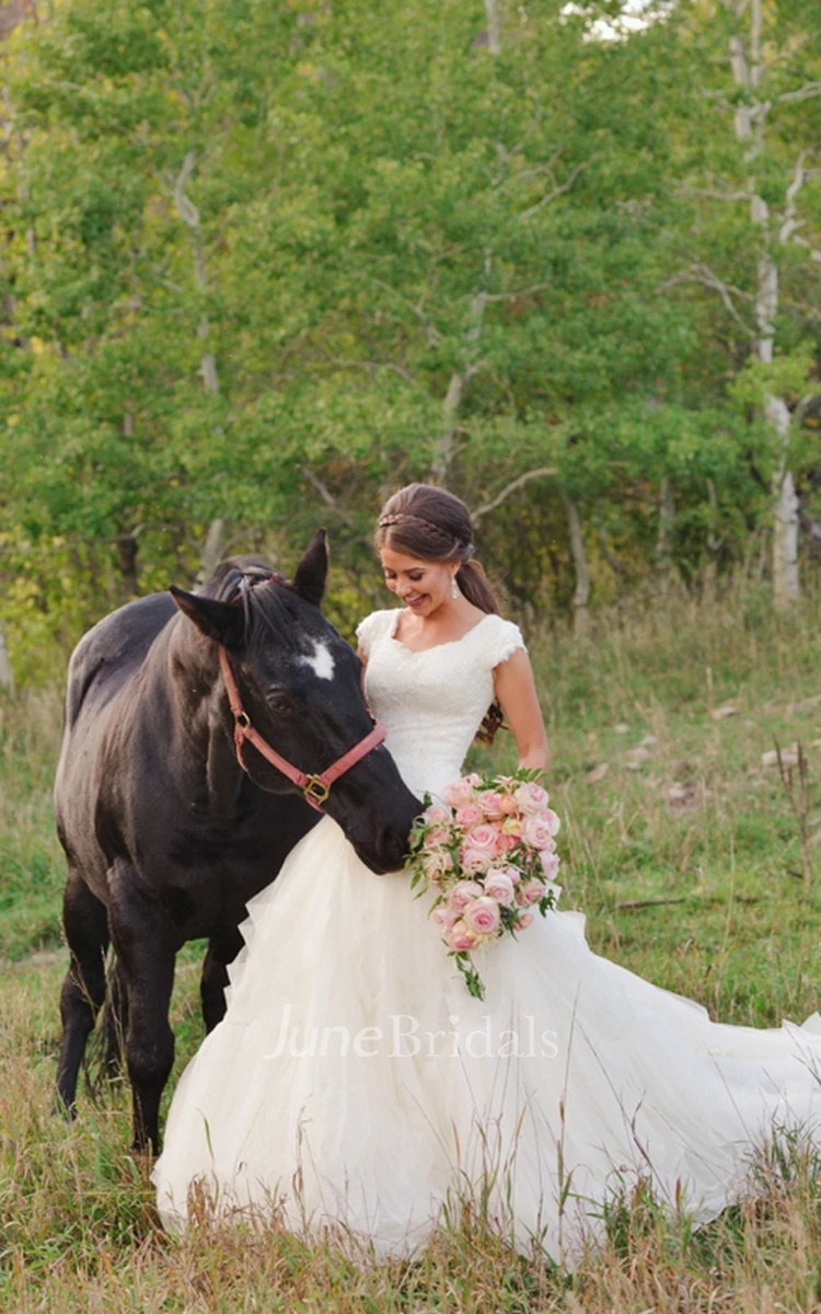 Cowboy Boots V-neck Ruffles Tiered Skirt A-line Lace Organza Wedding Dress with Cap Sleeves