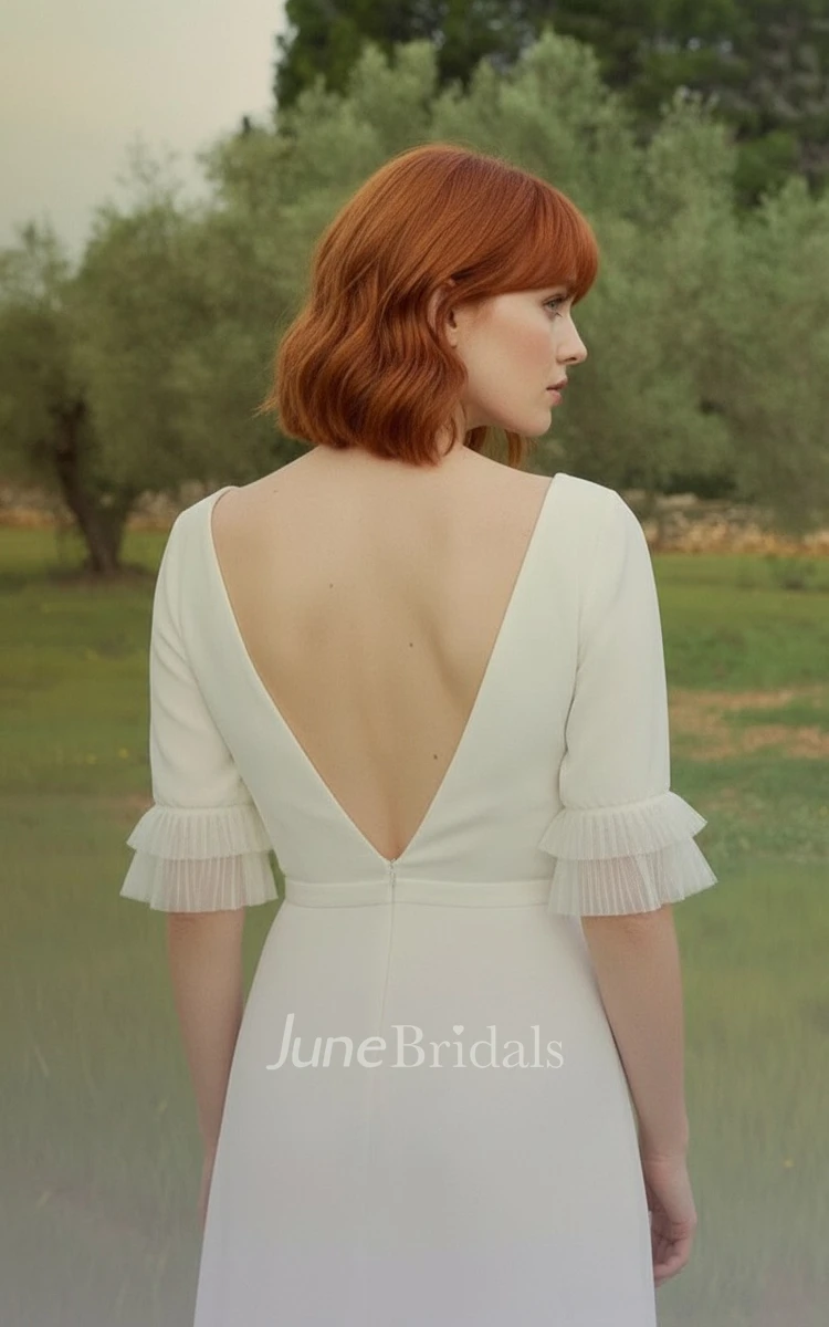 Casual Minimalist Puff Sleeve Sheath Wedding Dress Modern Satin Open Back Slit Bridal Gown