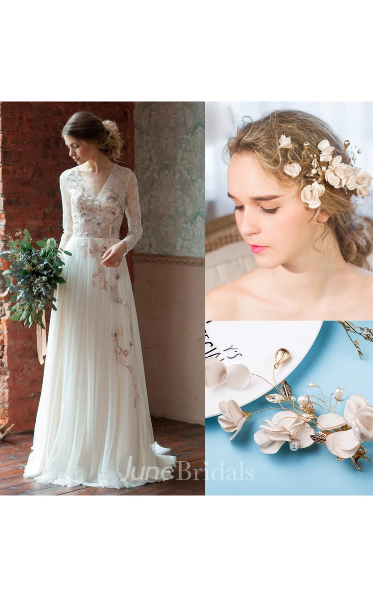 Long Sleeve Tulle Satin Lace Wedding Dress and Fairy Style Handmade Pearl Flower Headdress