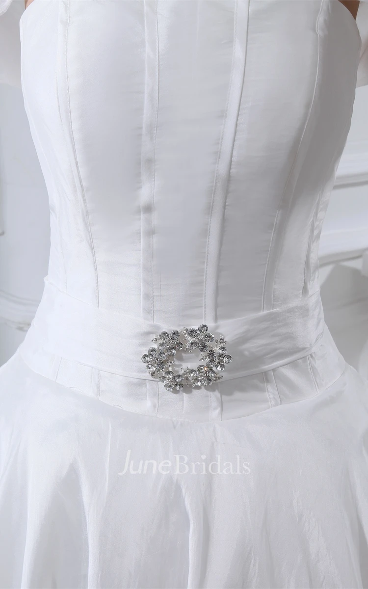 Ruched A-Line Collared Ball Gown with Broach and Illusion Sleeve