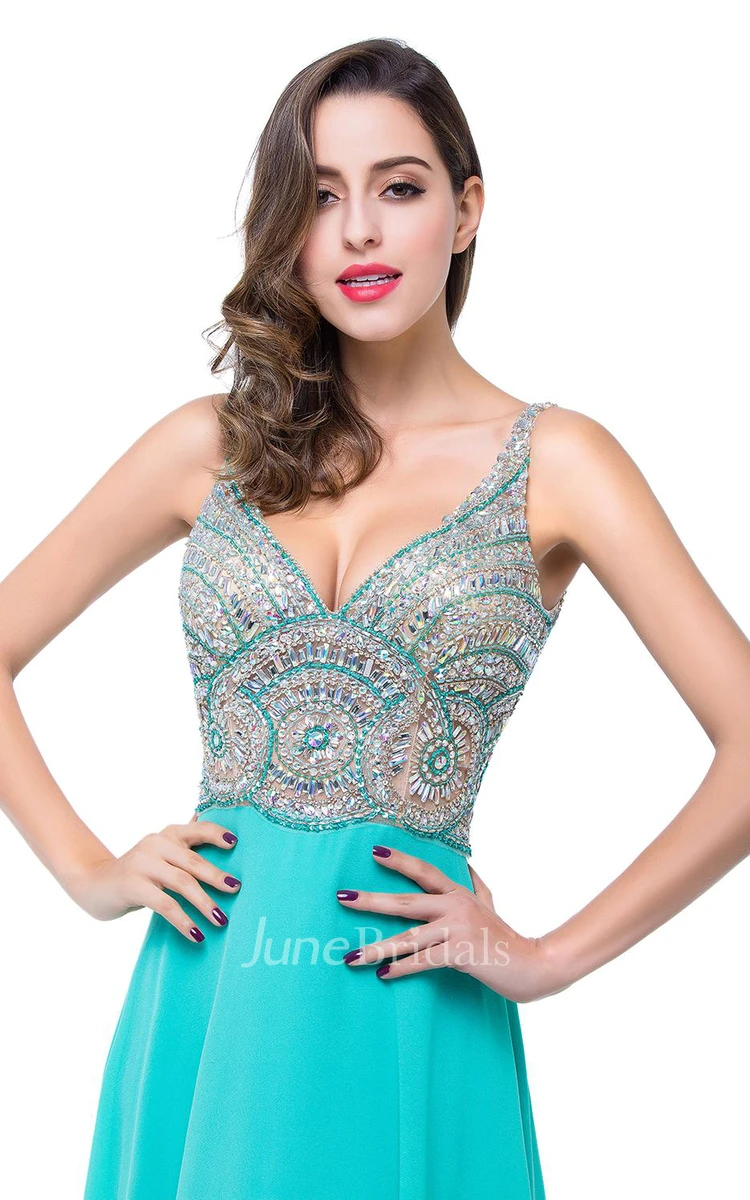 Newest Crystals Spaghetti Strap Prom Dress Open Back A-line