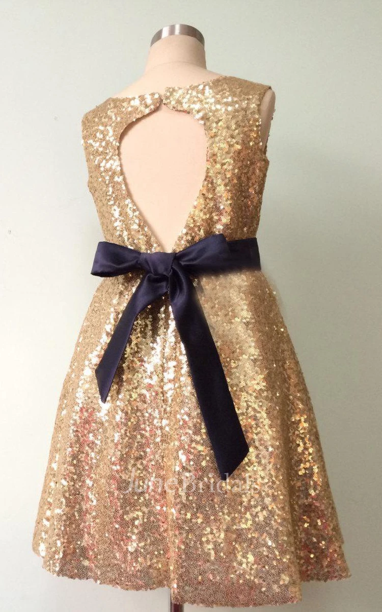 Sleeveless Jewel Neck Sequin Dress With Bow and Keyhole