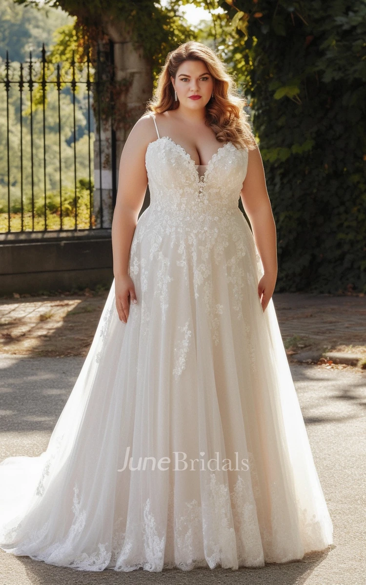 A-Line Lace Tulle Sleeveless Plus Size Wedding Dress 2024 Spaghetti Simple Sexy Elegant Romantic Court Train