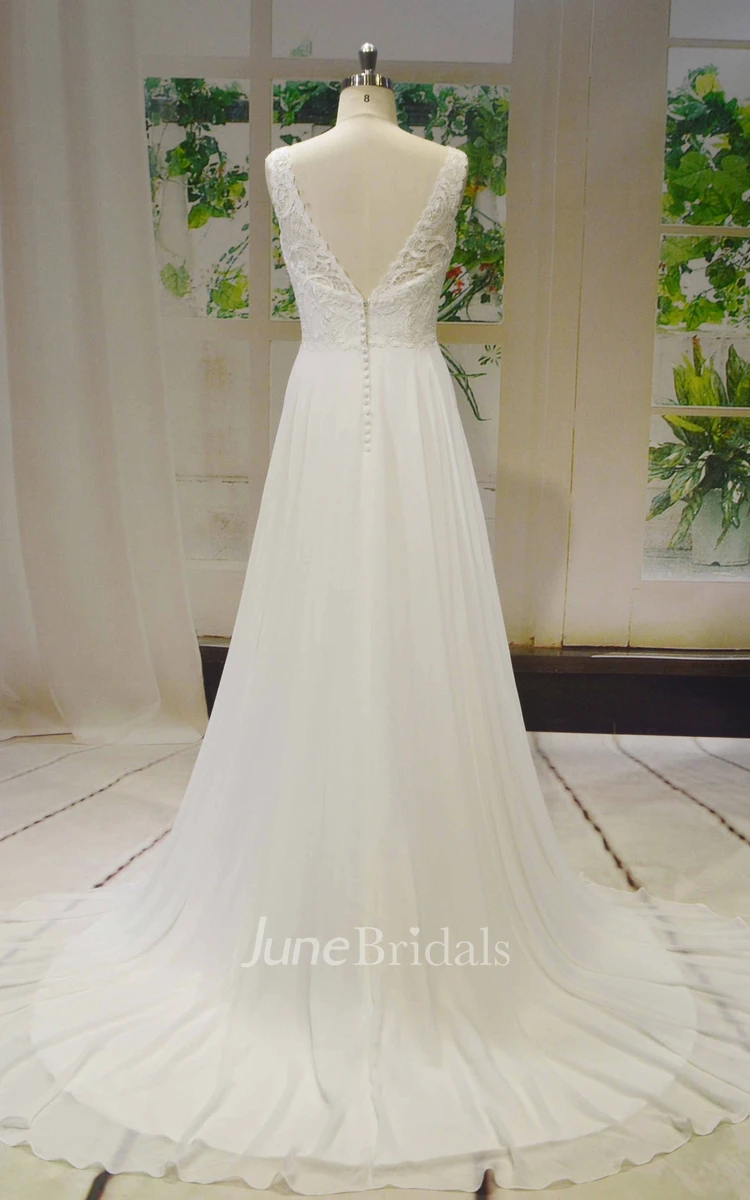 Lace Top V-neck Sleeveless Chiffon A-line Wedding Dress With V-back Buttons