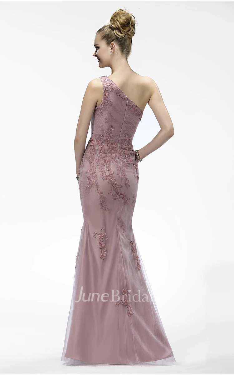 One Shoulder Elegant Sleeveless Mermaid Tulle Dress With Appliques And Zipper