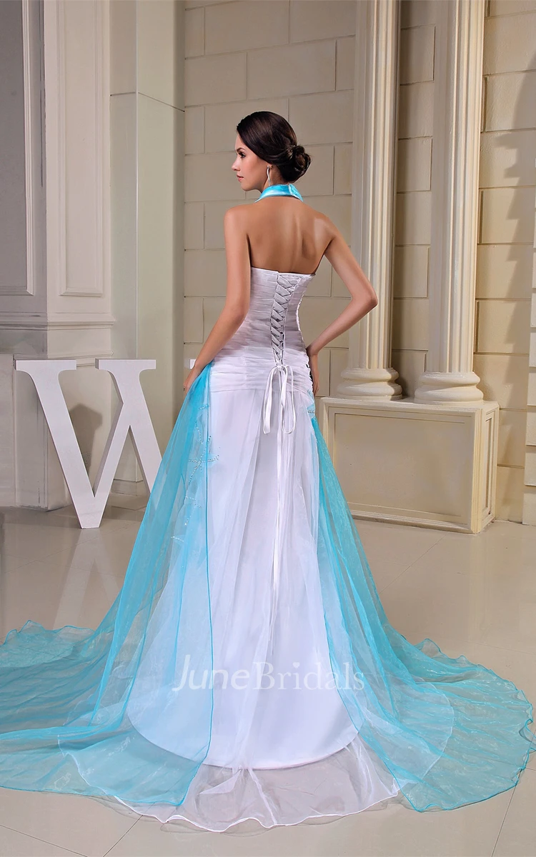 Haltered Sleeveless Mermaid Tulle Dress with Ruching and Beading