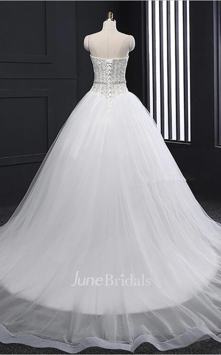 V-neck Tulle A-line Wedding Dress With Beaded Bodice