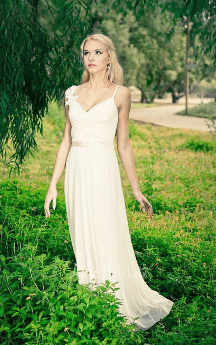 Chiffon Beaded Lace Backless Wedding Dress and Hand-woven Champagne Color Vine Flower Branches Hair Comb