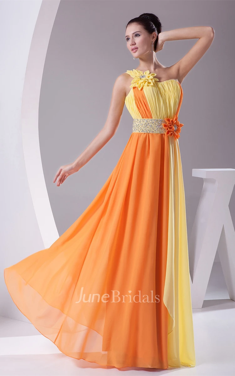 Two-Tone One-Shoulder Pleated Maxi Dress with Floral Waist