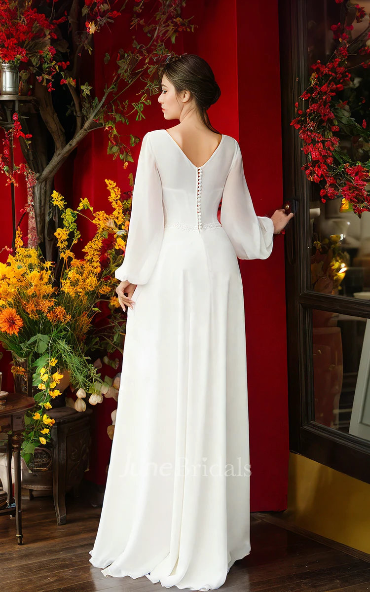 Sexy Split Floor-length Long Sleeves V-neck A-Line Simple Garden Wedding Dress with V Back