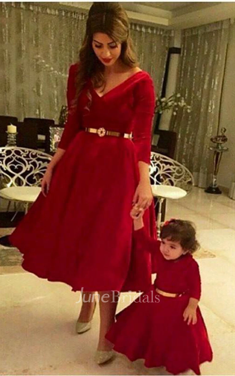 Dramtic 3 4-length-sleeve Red Mother and Daughter Dress Belt