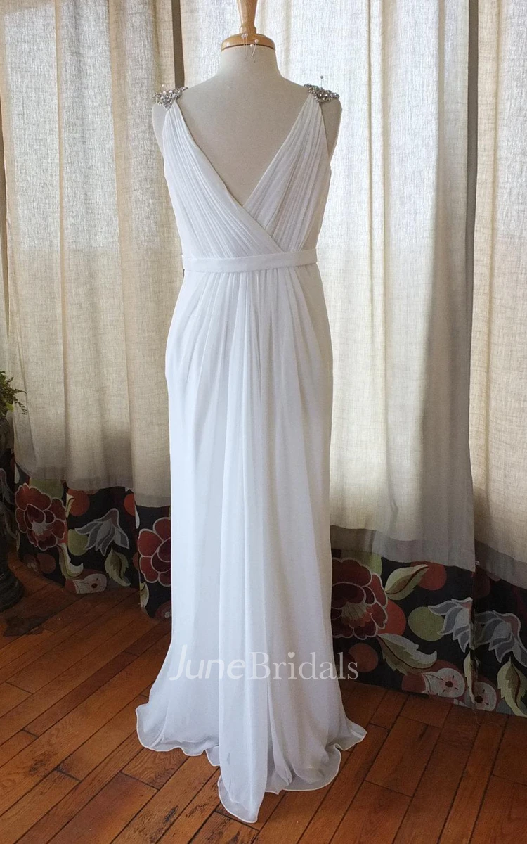 V-Neck Low-V Back Chiffon Wedding Dress With Crystal Detailing And Ruching