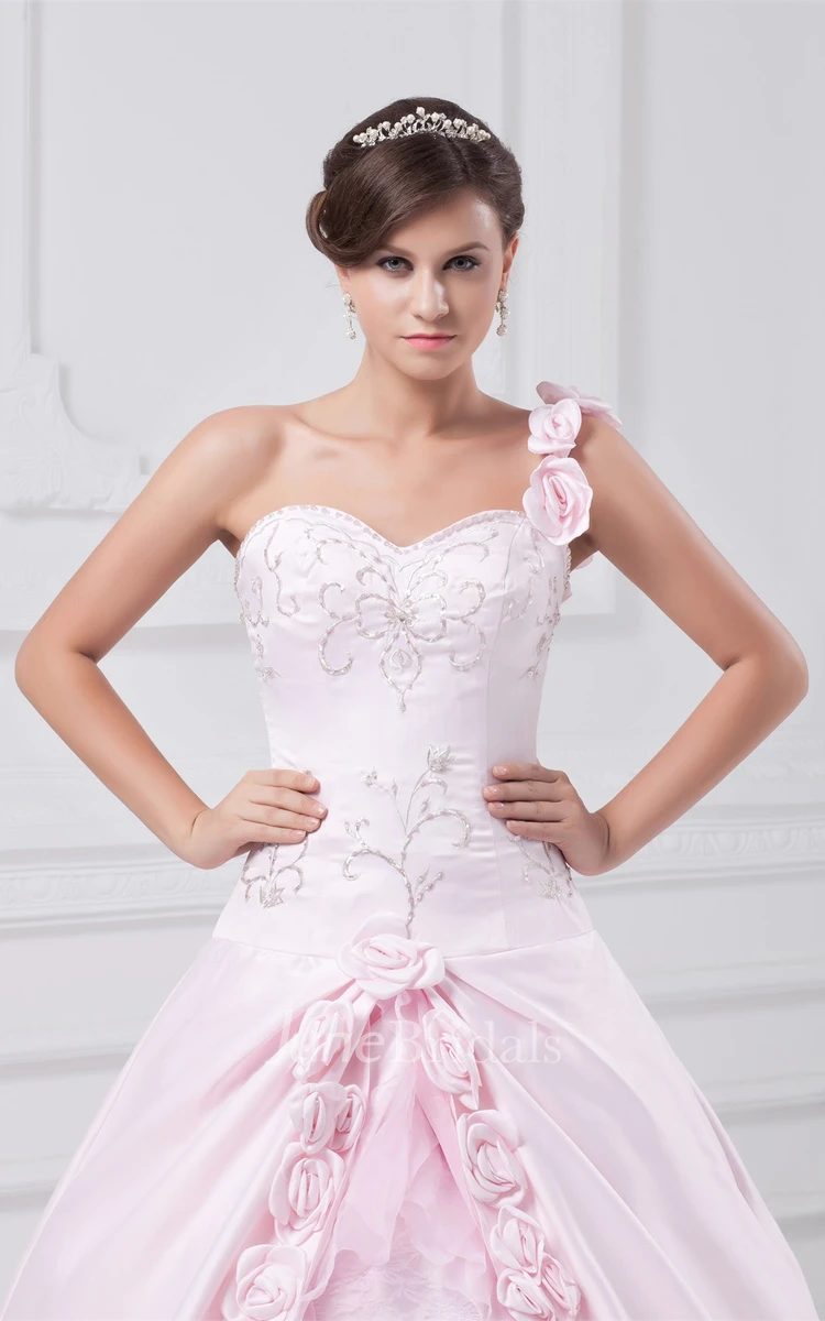 Single-Strap Sweetheart Embroidered Ball Gown with Flower