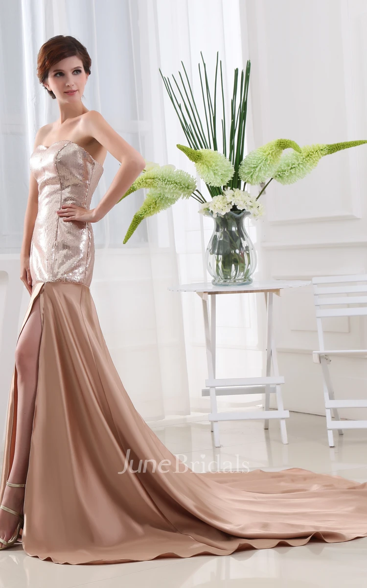 Strapless Front-Split Satin Dress With Sequined Top