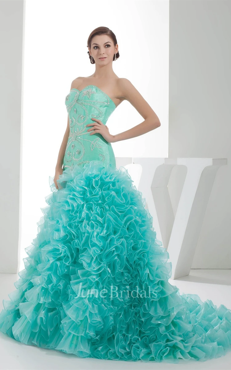 Sweetheart Ruffled A-Line Gown with Gemmed Bodice