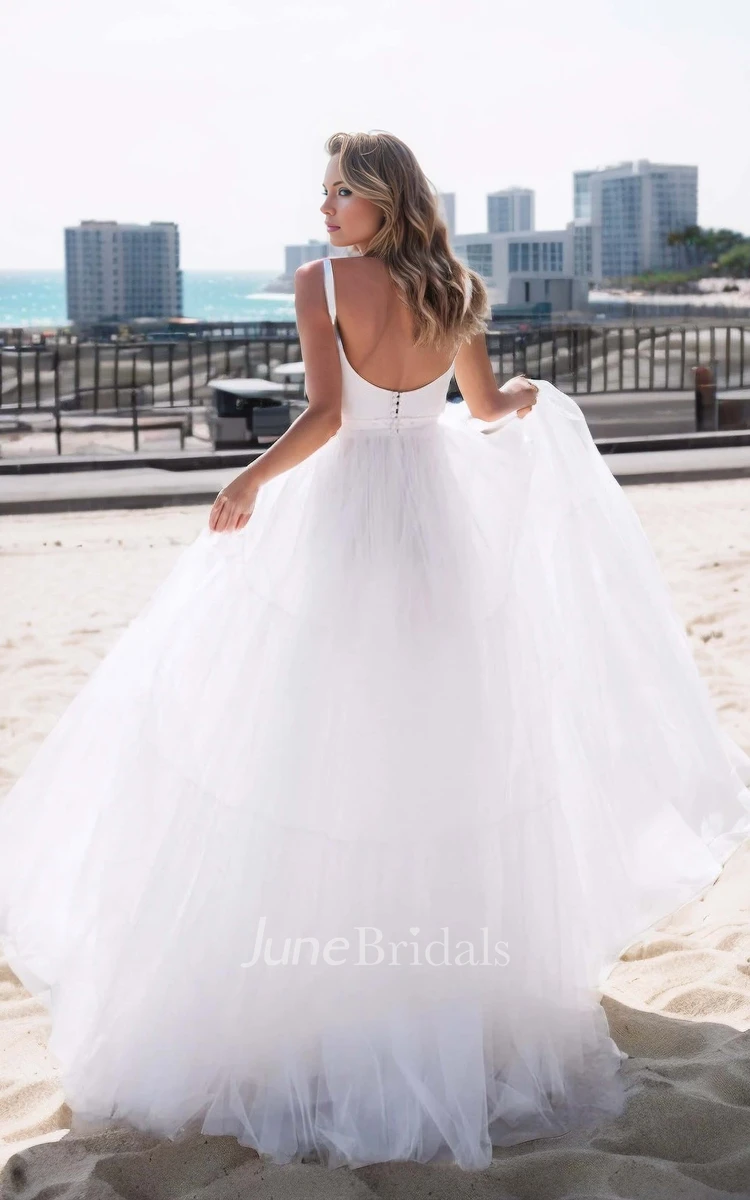 Ethereal Casual Tulle A-Line Straps Scalloped Neck Wedding Dress Sexy Elegant Solid Floor-length Sleeveless Open Back Bridal Dress