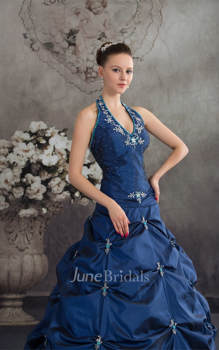 Plunged Pick-Up Ball Gown with Buckle and Crystal Detailing