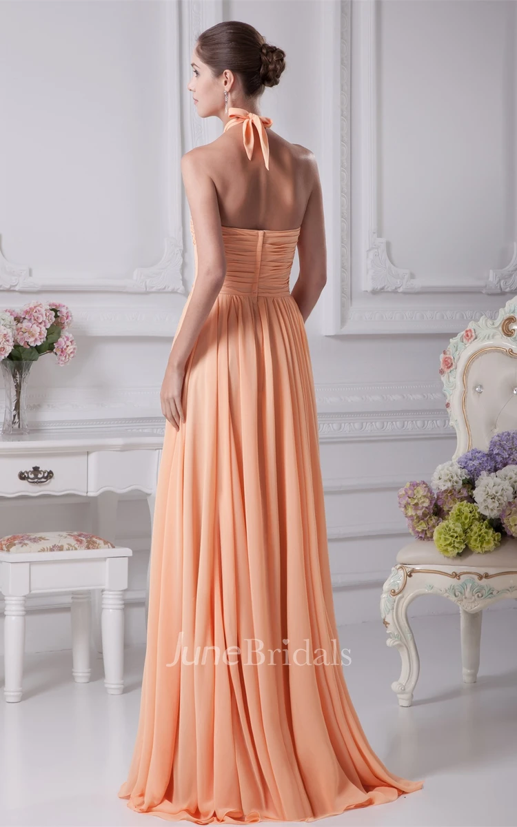 Sleeveless Ruched Chiffon A-Line Gown with Halter and Jeweled Top