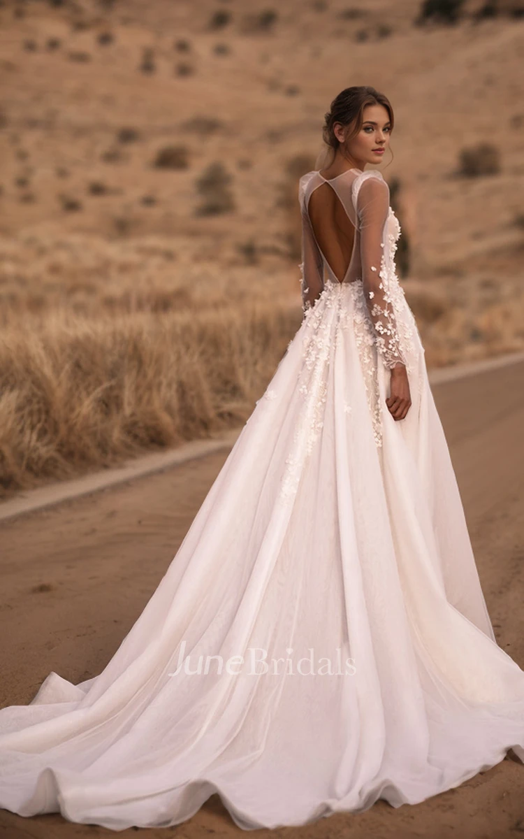 Elegant Sexy Plunging Neckline A-Line Lace Appliques Tulle Wedding Dress Romantic Long Sleeves Floor-length Beading Flowers Backless Bridal Gown with Train