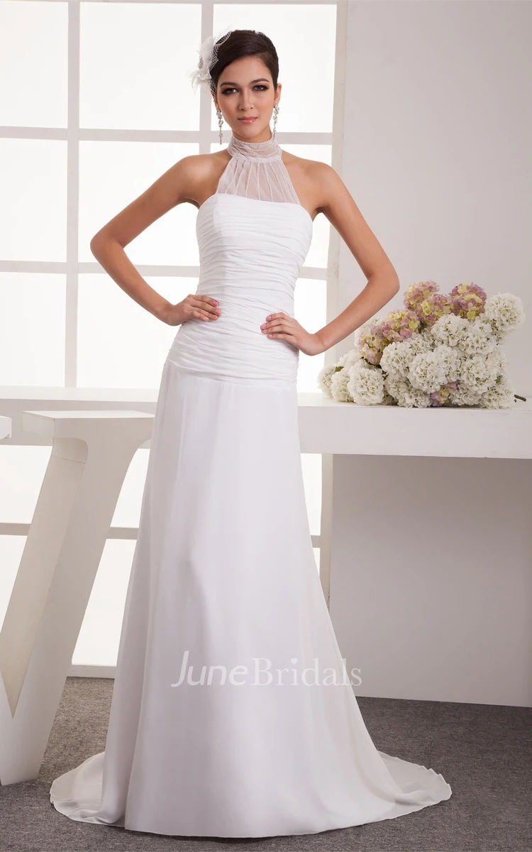 Sleeveless High-Neck Floor-Length Dress with Ruched Bodice