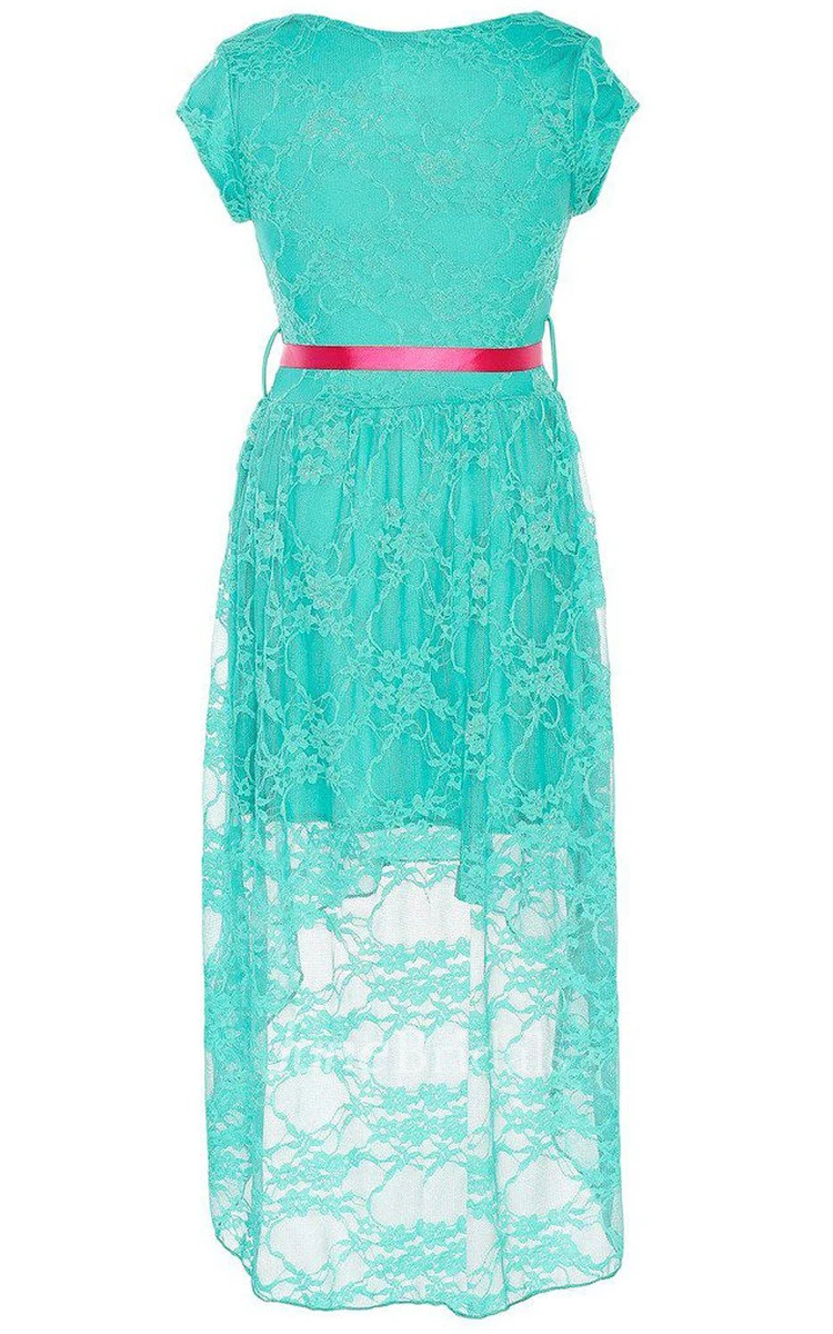 Short-sleeved High-low Lace Dress With Sash