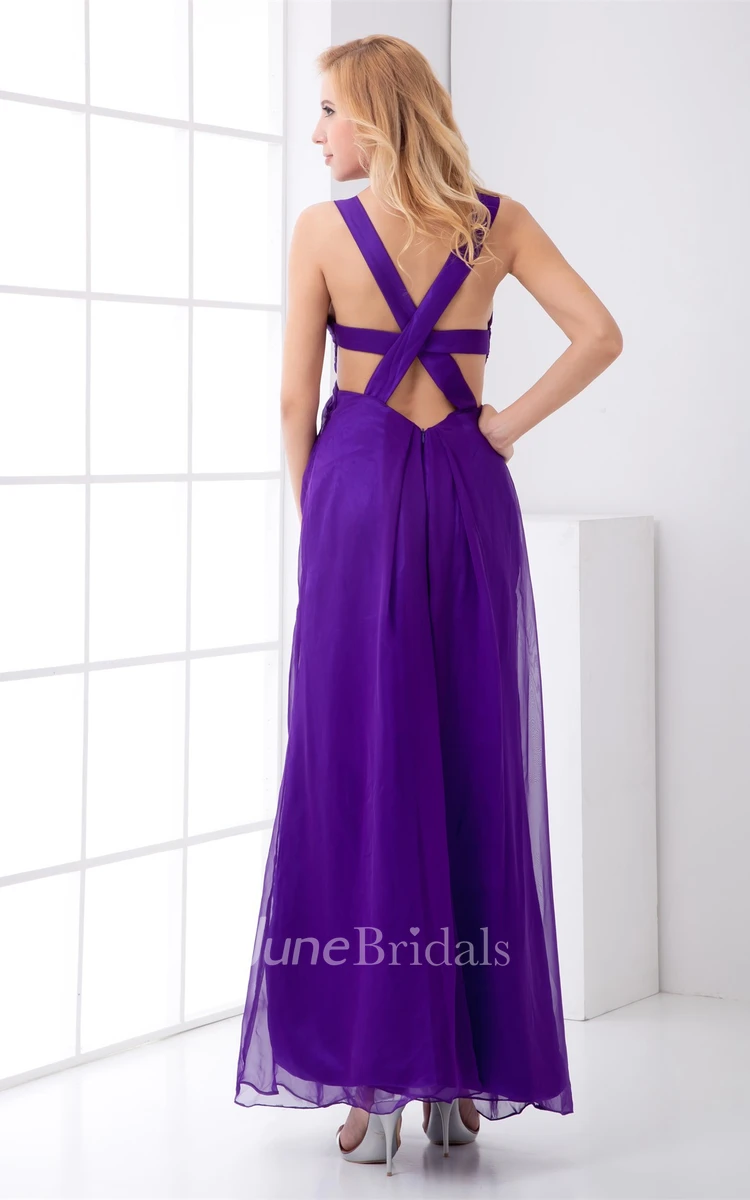 chiffon ankle-length strapped dress with front slit and ruching