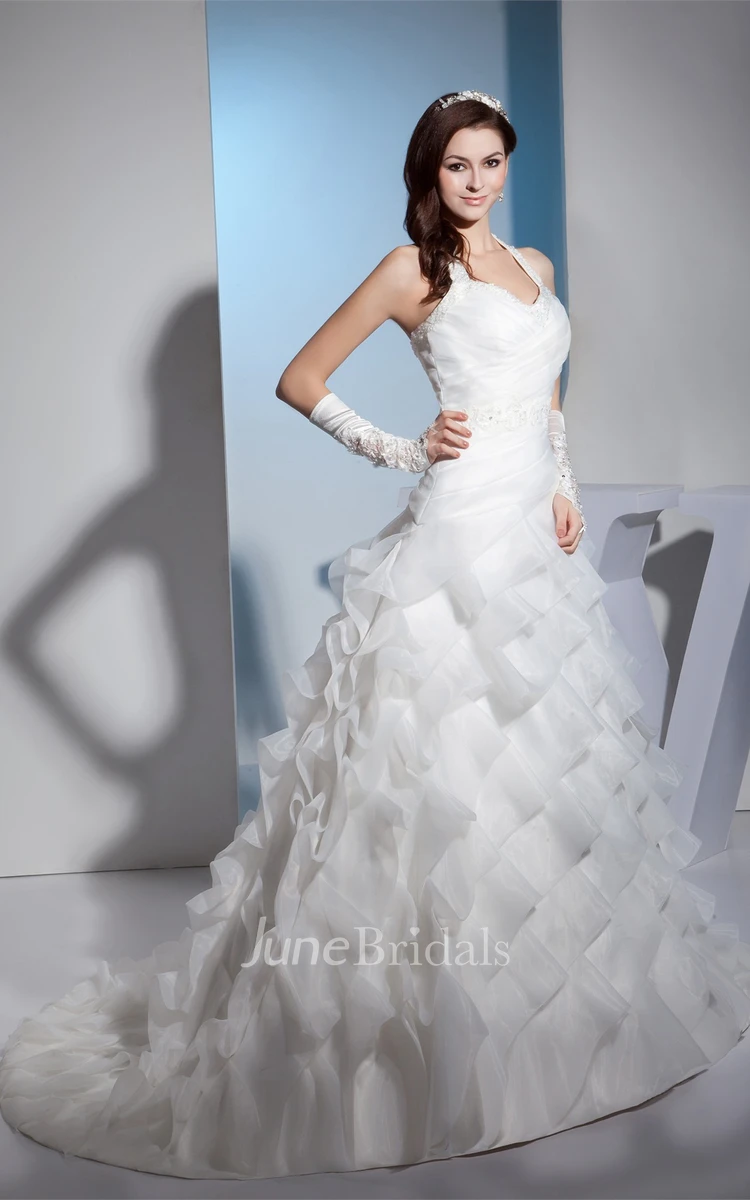 Ruched Sweetheart Tiered Ball Gown with Appliques and Beaded Halter