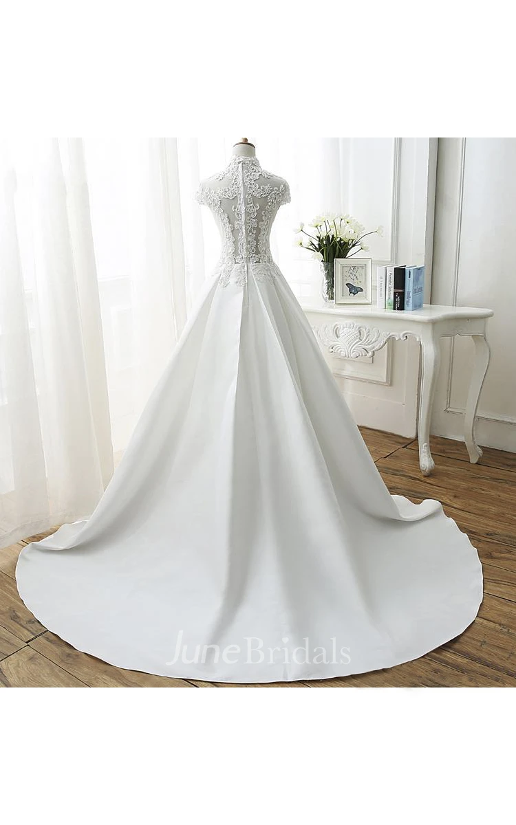 Appliqued Ball Gown Illusion Wedding Dress With High Neck And Beadings
