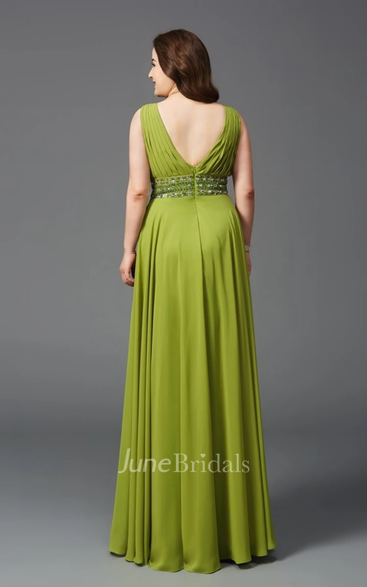 A-line Floor-length V-neck Sleeveless Chiffon Waist Jewellery Pleats Low-V Back Dress
