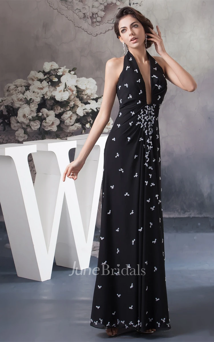 Plunged Ankle-Length Ruched Dress with Appliques and Halter
