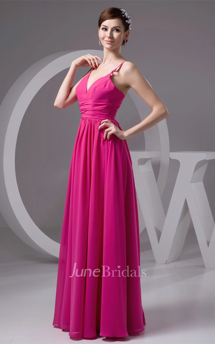 Strapped Plunged Chiffon Maxi Gown with Pleats