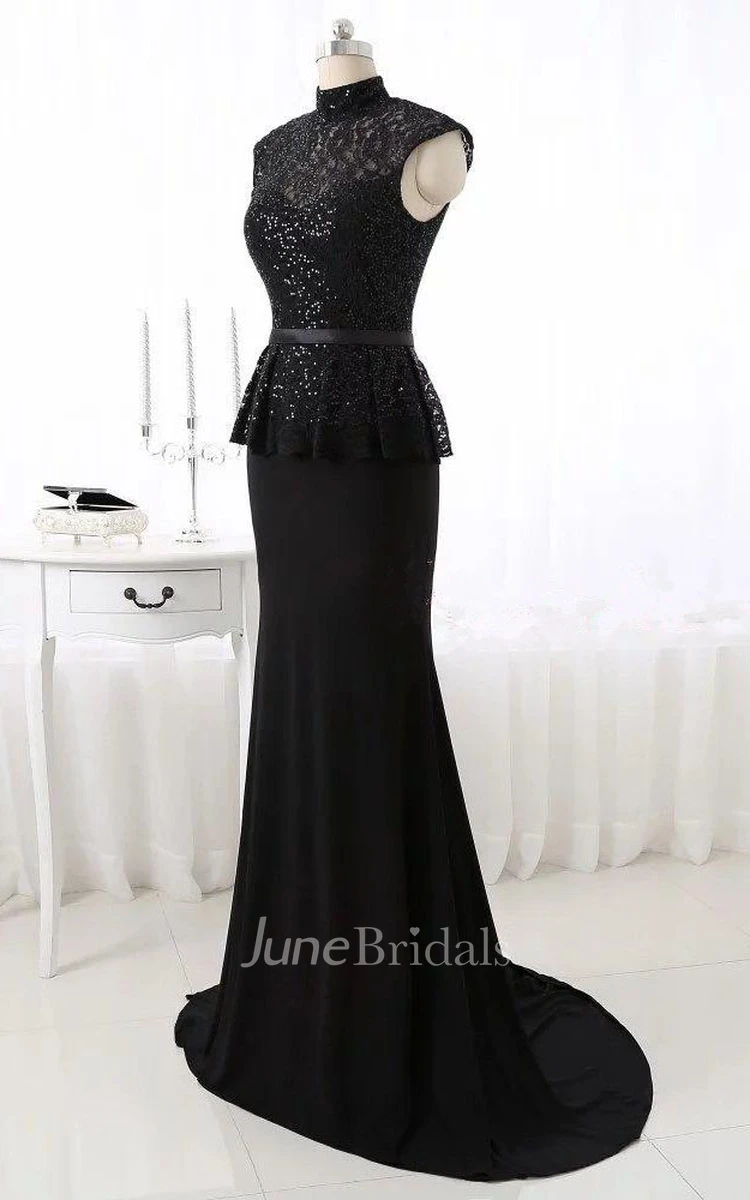 Trumpet High Neck Cap Sleeve Lace Dress With Sequins And Peplum