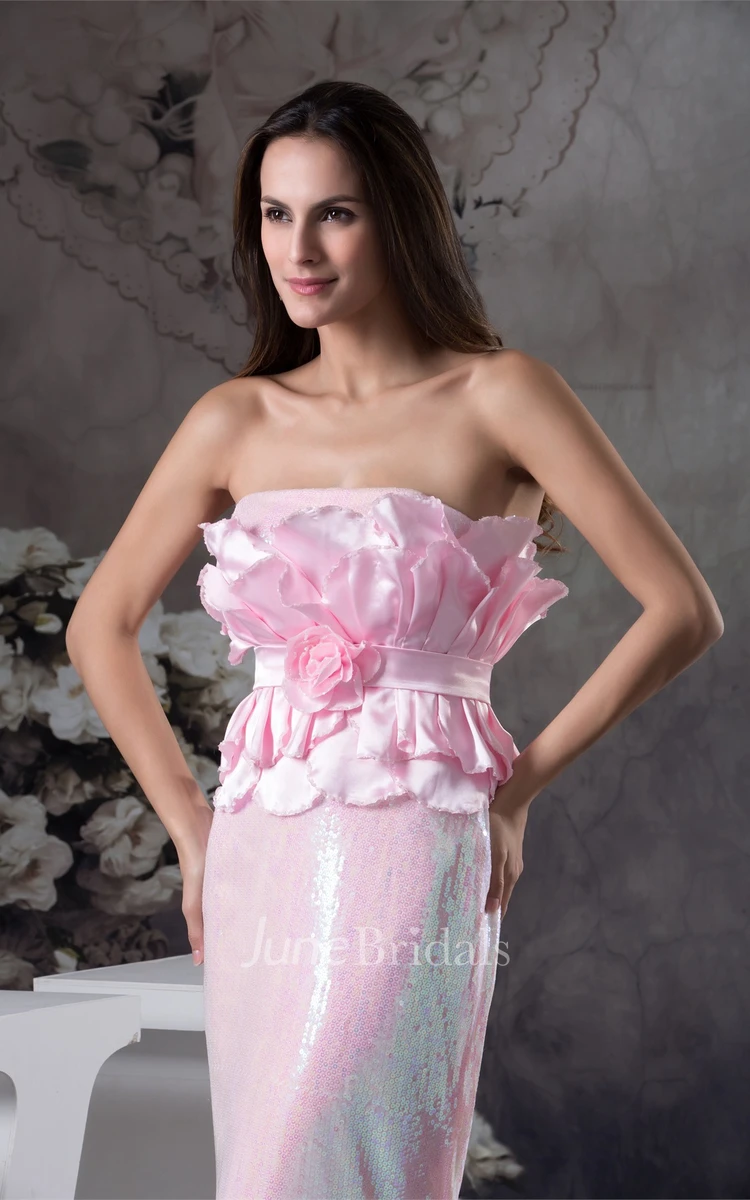 Strapless Sheath Floor-Length Dress with Flower and Ruffled Top