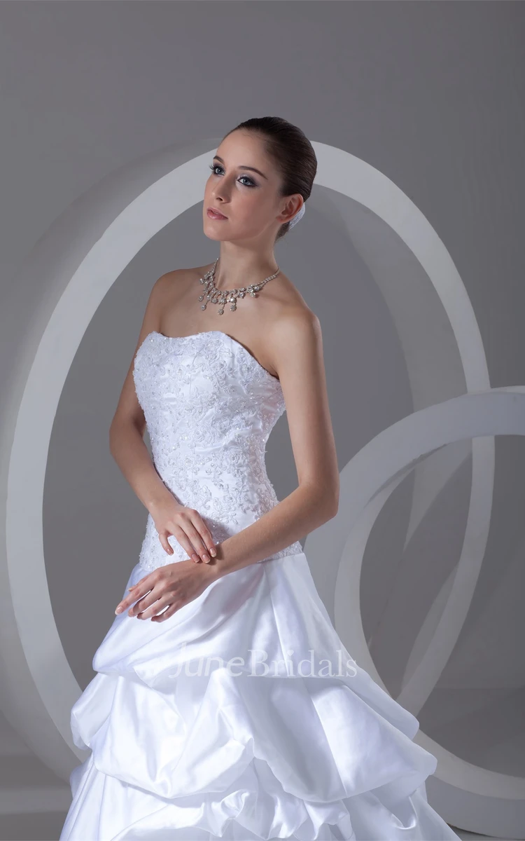 strapless ball pick-up gown with corset back and appliques