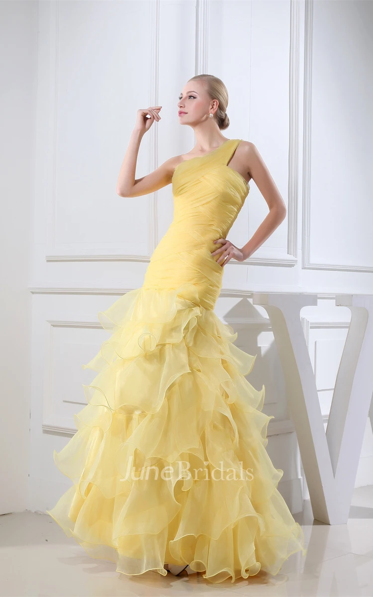 One-Shoulder Ruffled A-Line Gown with Ruching and Tiers